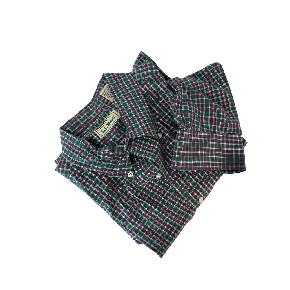 L.L.Bean Mens XL Plaid Button Down Long Sleeve Shirt Green Red Cotton